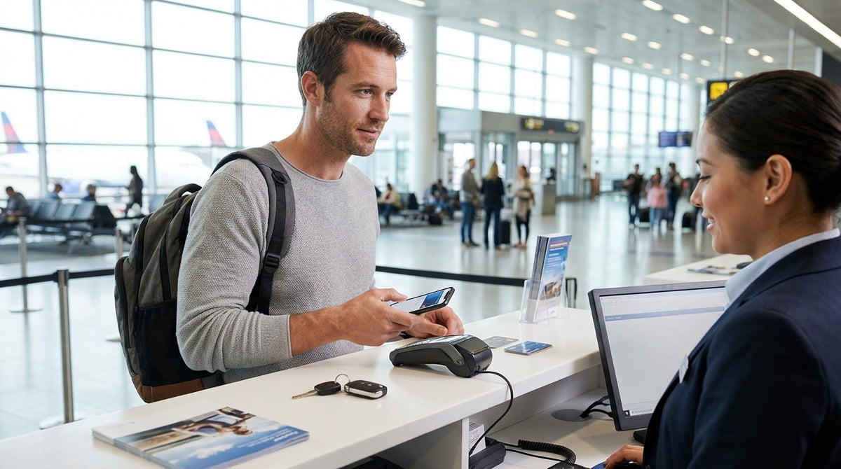 A person at a car hire desk in the United States holds up a smartphone to pay with a virtual credit card
