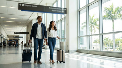 An overhead sign in Orlando Airport's arrivals hall points travelers towards the car hire pickup on the lower level
