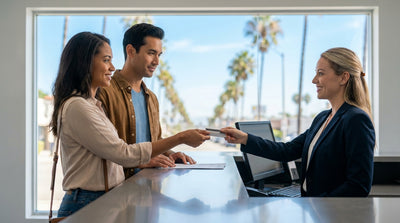 A person with luggage next to their car rental on a sunny street in California
