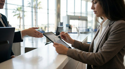 A person reviews a digital car rental agreement on a tablet at a counter inside Los Angeles airport LAX