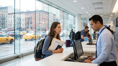 A person holds keys to their car rental in front of a row of yellow cabs on a busy street in New York City