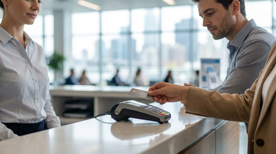 A person's hand holding a bank card next to car keys at a car hire office in New York
