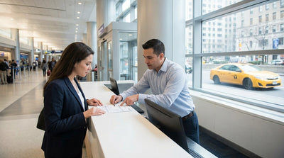 A sleek car hire parked on a street in New York with the Manhattan skyline and Brooklyn Bridge in the background