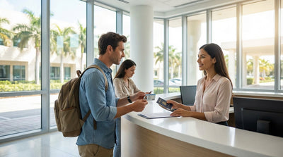 A modern car hire parked on a sunlit street with Art Deco buildings and palm trees in Miami