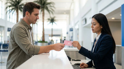 A car hire agent in Los Angeles examines a traveler's cracked UK photocard driving licence at the counter