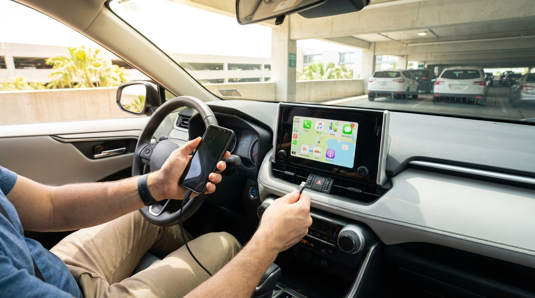A driver connecting a smartphone to the dashboard of a car rental to use Android Auto in Orlando