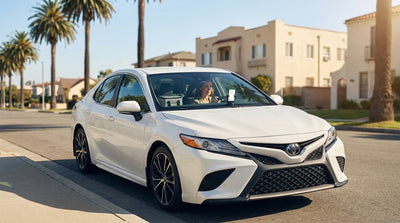 A modern car rental drives down a sunny California highway lined with palm trees