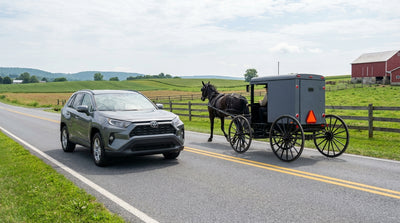 A car rental follows a horse-drawn buggy on a rural two-lane road through the farmlands of Pennsylvania