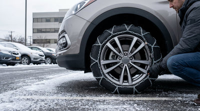 A car rental driving down a snow-covered street in New York City during a winter storm