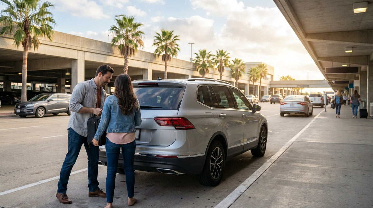 A line of people wait at the car rental counter inside the arrivals hall of Houston Airport, Texas