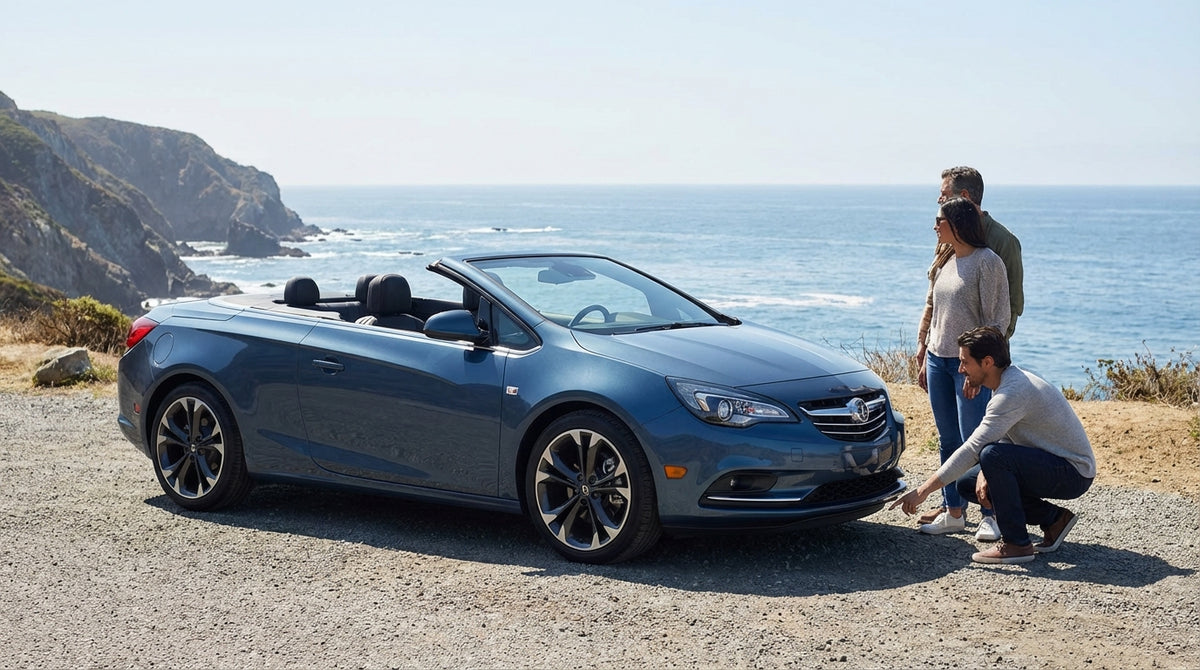 Low-angle shot of a modern car rental driving on a scenic, winding road through the California mountains