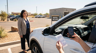 A driver compares an odometer photo on a phone with the final receipt from a Texas car rental company
