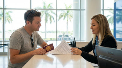 A customer receives keys for their car hire over a rental counter at an airport in Florida