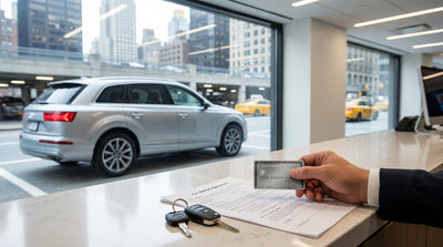A silver car hire parked on a bustling New York City street with yellow taxis and skyscrapers in the background