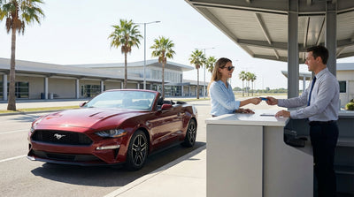 A person at a counter hands over a credit card to finalize their car hire at the Miami airport