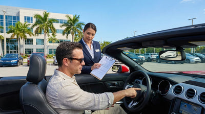 A person checks the fuel gauge on their car hire dashboard in a sunny Miami rental lot