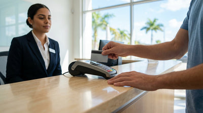 A convertible car hire driving down a scenic, palm-lined coastal road in sunny Florida