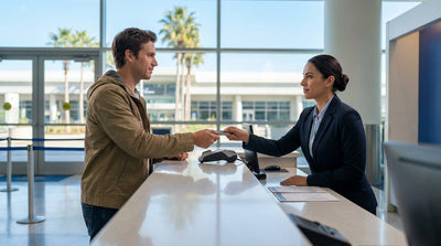 A row of cars available for car rental at the Orlando airport on a bright, sunny day with palm trees