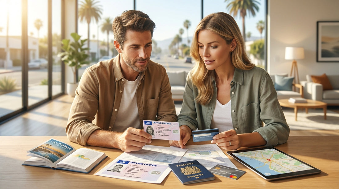 A convertible car hire drives along California's scenic Pacific Coast Highway overlooking the ocean on a sunny day