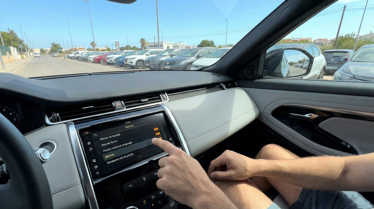 A driver adjusts the Spanish language settings on a car rental infotainment screen in Miami