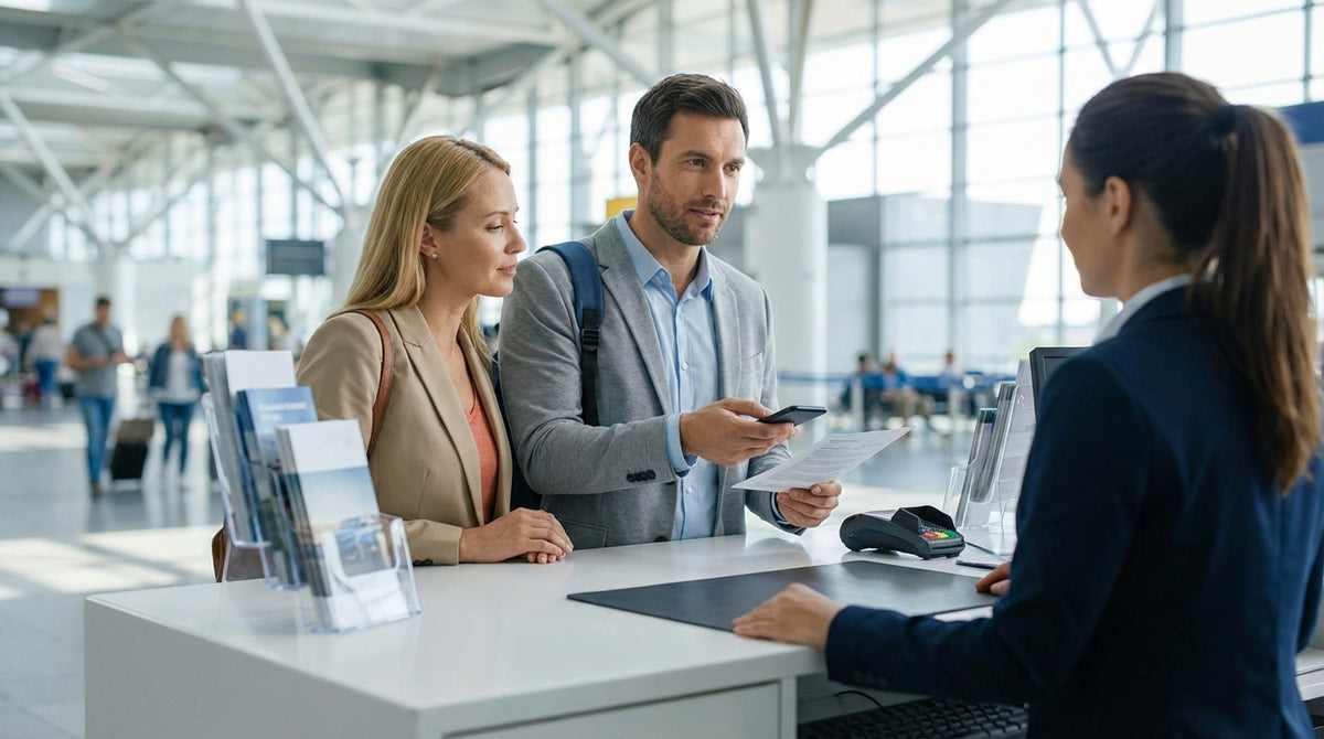 A red car hire driving a scenic, winding road through an autumn forest in the hills of Pennsylvania
