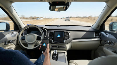 A driver in Texas taps the Android Auto interface on the dashboard screen of their modern car rental