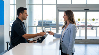 A modern car hire vehicle driving down the Las Vegas Strip at night, illuminated by casino lights