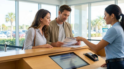 A red convertible car hire driving down a sunny road lined with palm trees in Florida