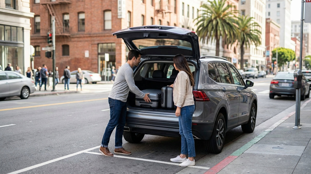 A person unloads luggage from their car rental on a busy street near Union Square in San Francisco