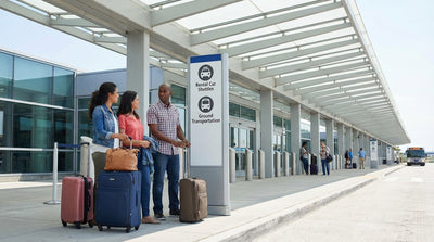 A white shuttle bus for car rental services picking up travelers outside of JFK Terminal 5 in New York