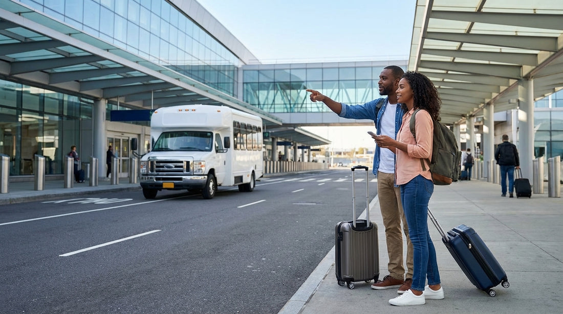 A white car rental shuttle bus waits for passengers outside a terminal at LaGuardia Airport in New York
