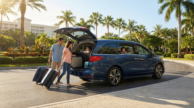 A modern white SUV car hire driving on a sunny highway lined with palm trees in Orlando