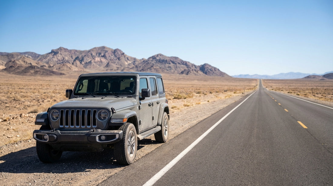 A car hire vehicle drives down a long desert highway with mountains on the horizon near Las Vegas