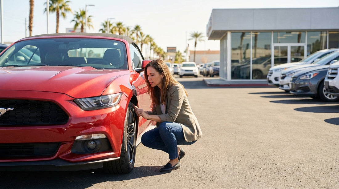 Close-up of a car rental dashboard showing an illuminated tire pressure warning light in Las Vegas