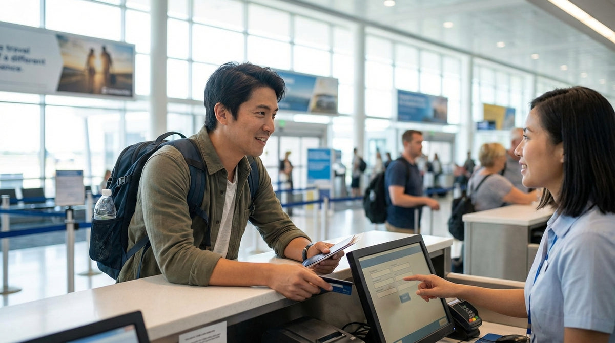 A person at a car hire desk in the United States handing their credit card to an agent for a vehicle pick-up