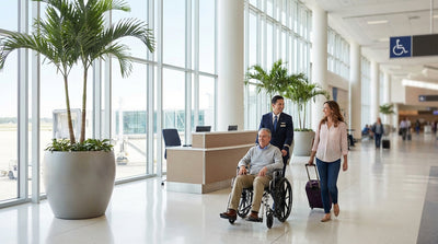 A traveler in a wheelchair follows signs to the Miami International Airport car rental center