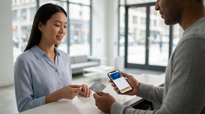 A person unlocks their modern car hire vehicle on a busy street in New York City with skyscrapers in the background