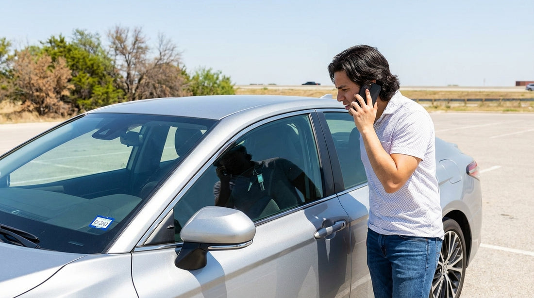 A stressed person on the phone next to their locked car hire on a hot day in Texas