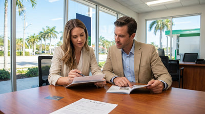 A red convertible car hire driving down a scenic coastal highway in Florida lined with palm trees
