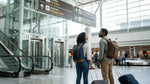 Passengers with luggage walking under car rental signs inside the Orlando airport