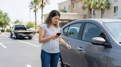 A person locked out of their white car rental on a city street in the United States