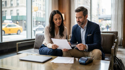A car rental drives through the bustling, neon-lit streets of Times Square in New York City next to a yellow taxi