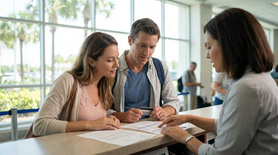 A white convertible car hire is parked overlooking a sunny beach with palm trees in Florida
