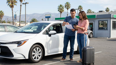 A person choosing from a line of cars at a sunny car rental lot in Los Angeles with palm trees