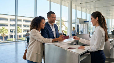 A white convertible car rental drives along a palm-lined road with the Miami oceanfront in view