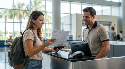 A person handing their passport to an agent at a car hire desk in a sunny Florida airport
