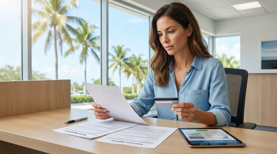 A convertible car rental drives along a scenic coastal road lined with palm trees in sunny Florida