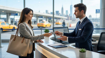 A person holds the keys to their car rental with iconic yellow cabs of New York City blurred in the background