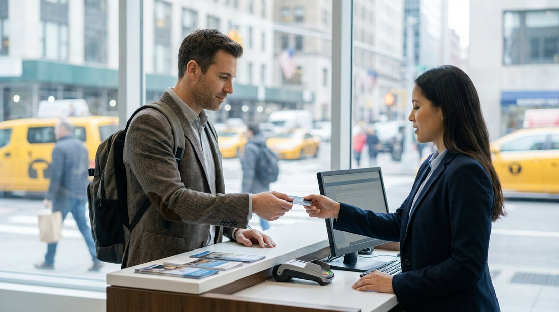 A modern car hire drives on a busy street with yellow cabs and tall skyscrapers in Manhattan, New York