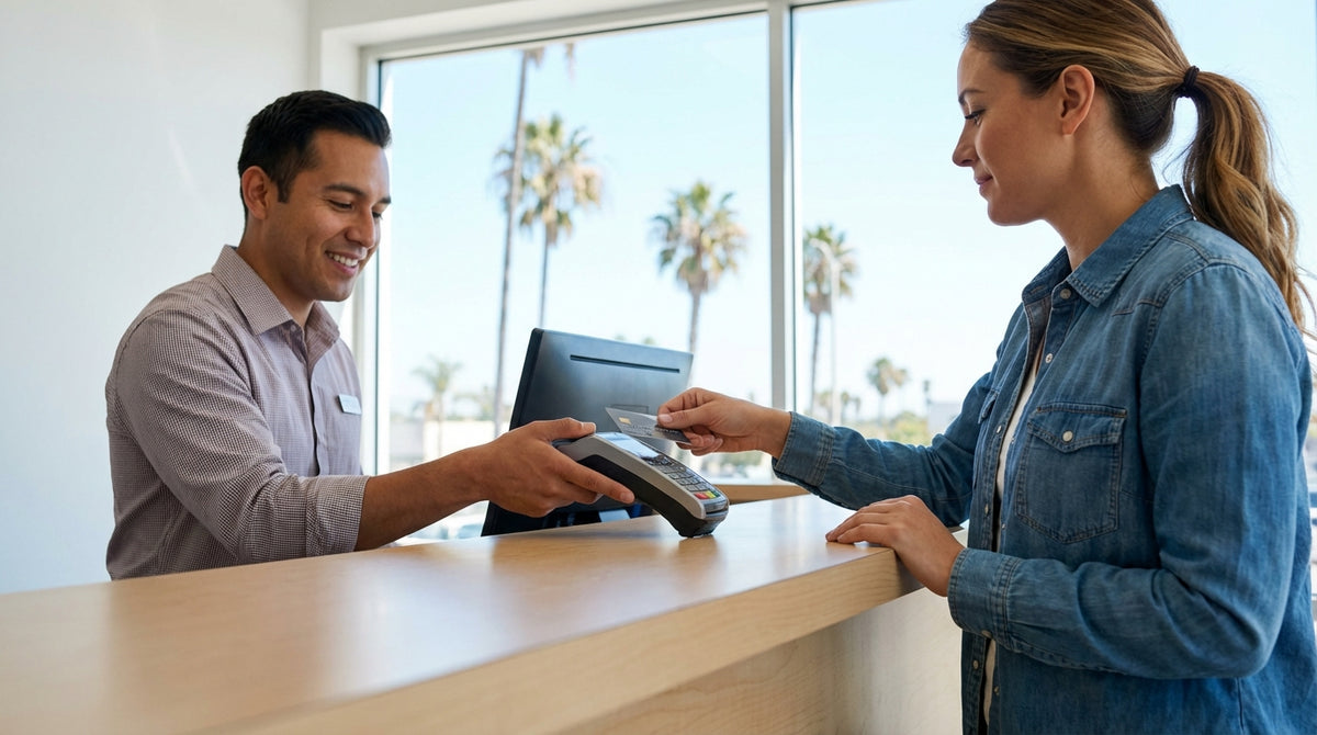 A couple's red convertible car hire driving on a sunny coastal highway in California